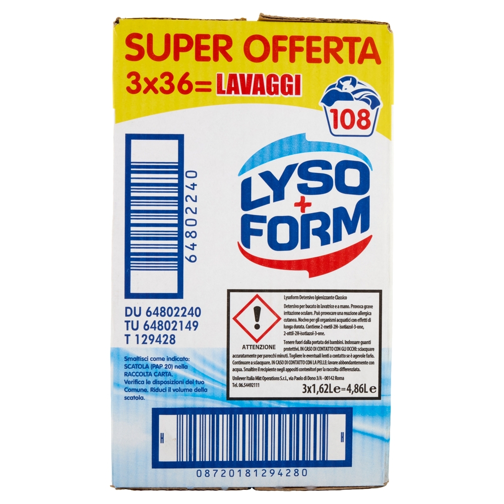 Lysoform Detresivo Igienizzante Classico 3x36=108 Lavaggi 3x1,62L